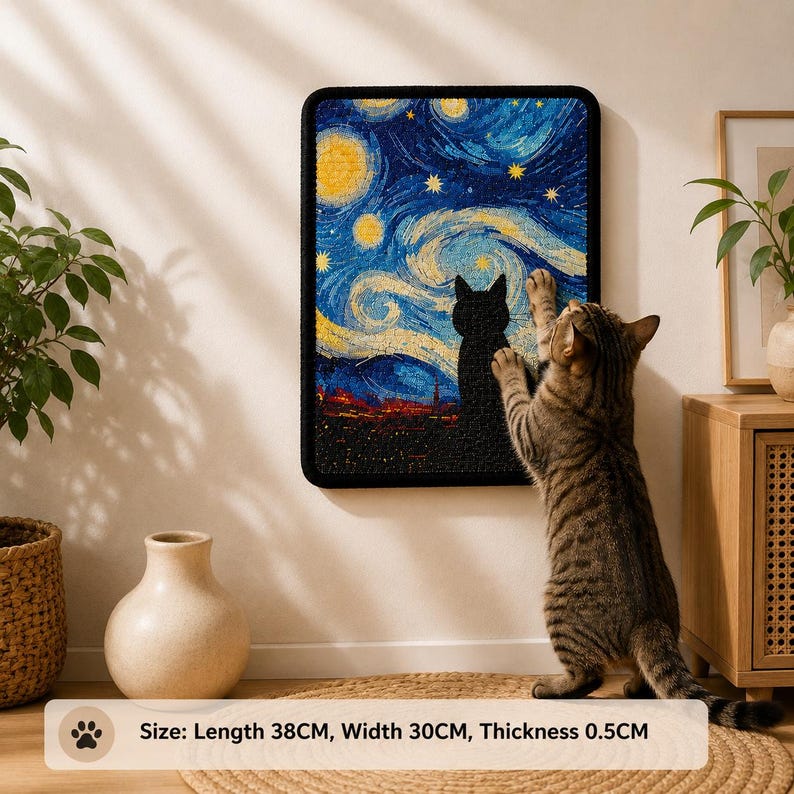 Puede incluir: Un rascador rectangular para gatos con un dise&ntilde;o impreso de cielo estrellado y la silueta de un gato negro. La alfombrilla mide 38 cm de largo, 30 cm de ancho y 0,5 cm de grosor, ofreciendo una superficie texturizada para el cuidado de las u&ntilde;as.