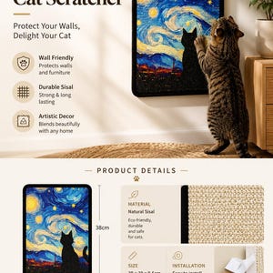 Puede incluir: Un rascador de pared rectangular con un estampado inspirado en La noche estrellada y la silueta de un gato negro. El producto mide 38 por 30 por 0,5 cent&iacute;metros y est&aacute; hecho de sisal natural. El texto incluye Artistic Cat Scratcher.