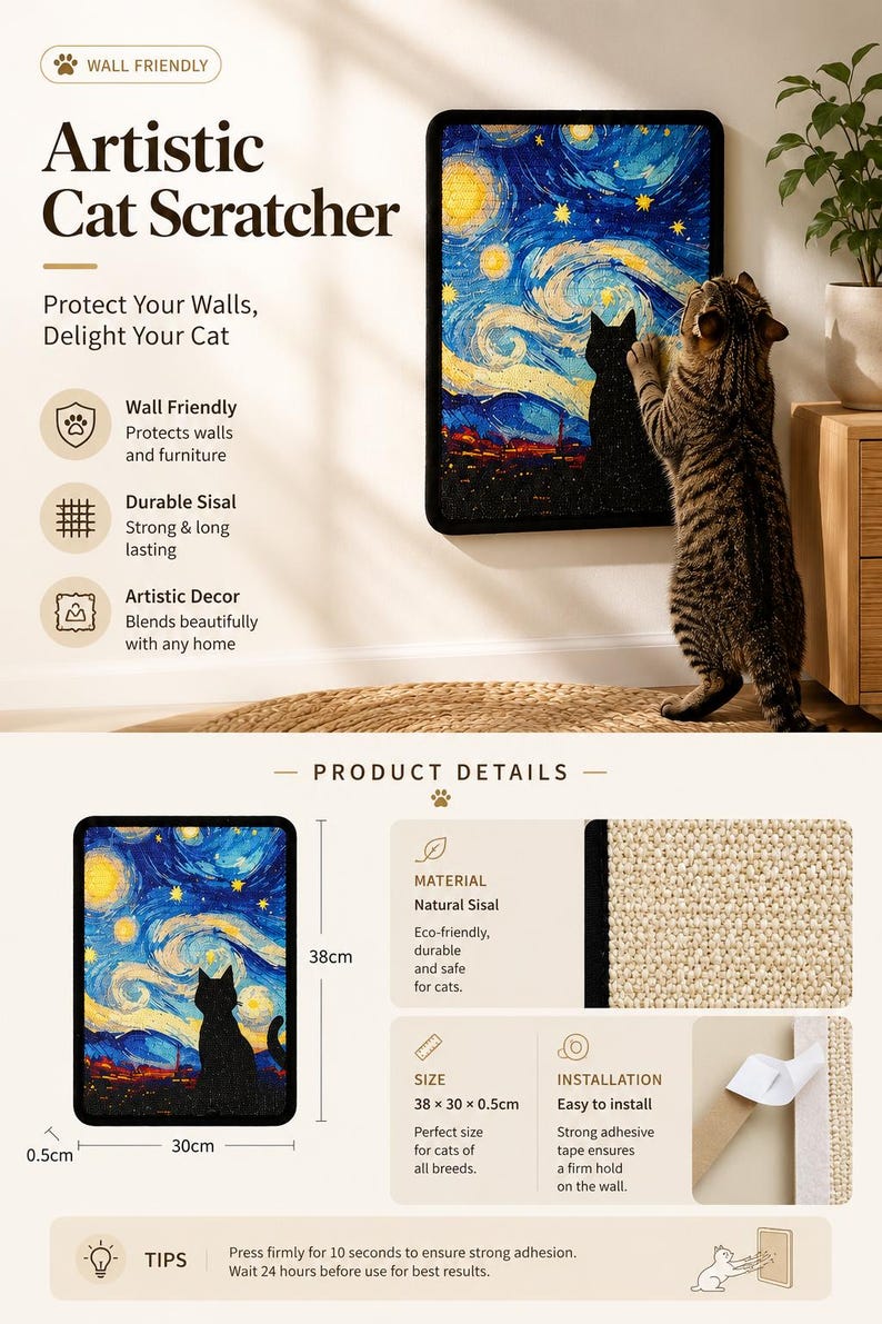 Puede incluir: Un rascador de pared rectangular con un estampado inspirado en La noche estrellada y la silueta de un gato negro. El producto mide 38 por 30 por 0,5 cent&iacute;metros y est&aacute; hecho de sisal natural. El texto incluye Artistic Cat Scratcher.
