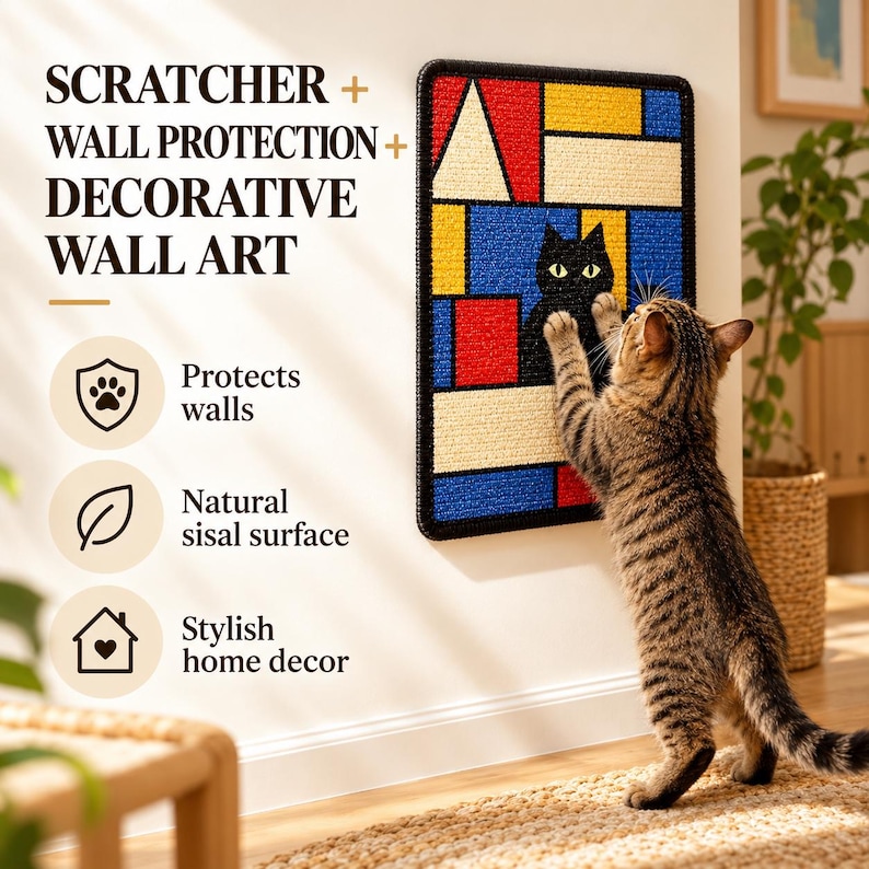 Puede incluir: Un rascador de pared rectangular con un patr&oacute;n geom&eacute;trico en rojo, azul, amarillo y crema con una silueta de gato negro. El texto dice: SCRATCHER + WALL PROTECTION + DECORATIVE WALL ART, Protects walls, Natural sisal surface, Stylish home decor.