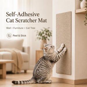 Op de afbeelding: Een rechthoekige, beige, getextureerde zelfklevende krabmat voor katten bevestigd aan een muur. De tekst luidt: Self-Adhesive Cat Scratcher Mat, Wall, Furniture, Cat Tree en Peel & Stick. Een cyperse kat krabt aan de mat met de voorpoten.
