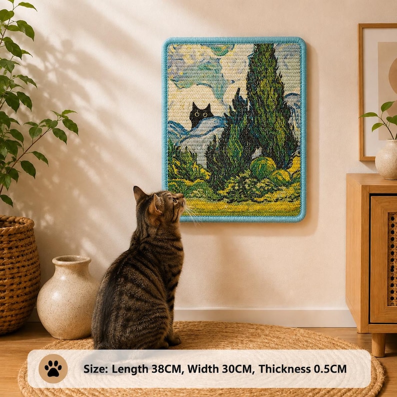 Puede incluir: Un rascador rectangular para pared con un estampado art&iacute;stico tejido de un paisaje con un gato negro asom&aacute;ndose, bordeado por un marco azul claro. El producto mide 38 cm de largo, 30 cm de ancho y 0,5 cm de grosor.
