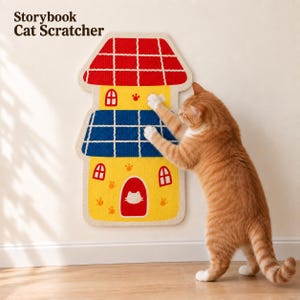 Puede incluir: Un rascador para gatos Storybook con forma de casa, techo rojo, sección central azul y base amarilla. El diseño incluye patrones de cuadrícula blancos, ventanas pequeñas y huellas de patas. Un gato naranja rasca la superficie azul.