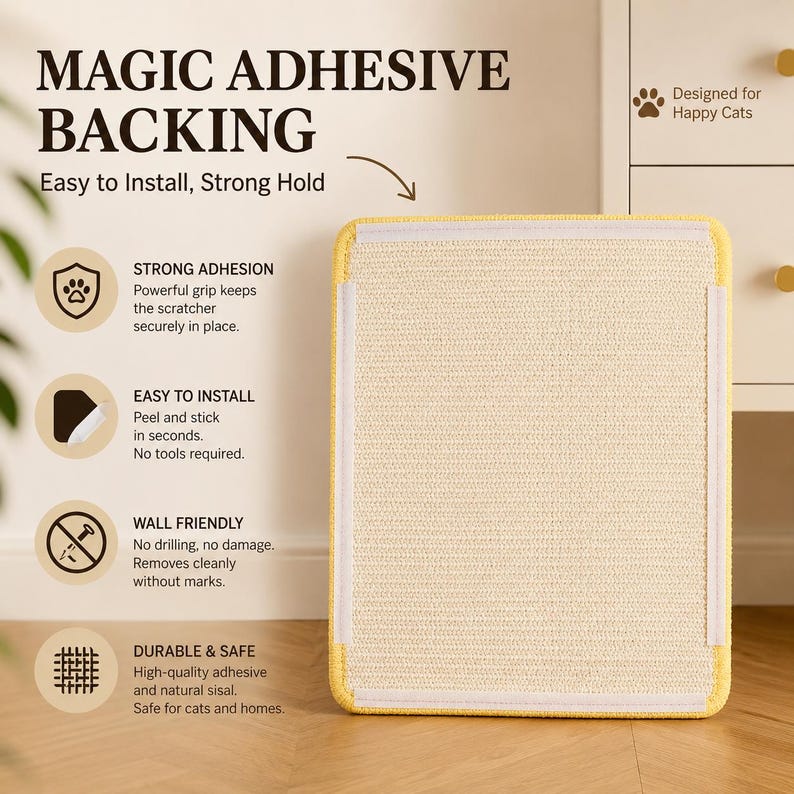 Puede incluir: Un rascador rectangular para gatos con superficie de sisal beige texturizado y borde amarillo. La parte posterior tiene tiras adhesivas blancas. El texto incluye MAGIC ADHESIVE BACKING, Easy to Install, Strong Hold y Designed for Happy Cats.