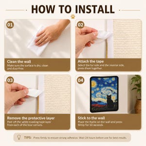 Puede incluir: Un gr&aacute;fico instructivo titulado HOW TO INSTALL que muestra cuatro pasos: limpiar la pared, colocar cinta adhesiva en una superficie texturizada, retirar la capa protectora blanca y pegar un cuadro rectangular de un gato en la pared.