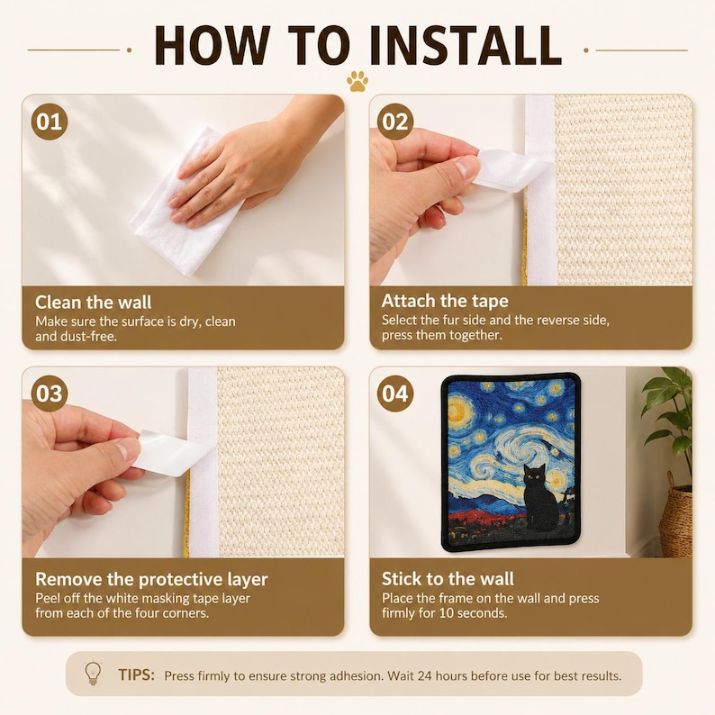 Puede incluir: Un gr&aacute;fico instructivo titulado HOW TO INSTALL que muestra cuatro pasos: limpiar la pared, colocar cinta adhesiva en una superficie texturizada, retirar la capa protectora blanca y pegar un cuadro rectangular de un gato en la pared.