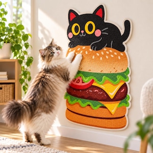 May include: A wall-mounted cat scratcher shaped like a cheeseburger topped with a black cat illustration. The scratcher features a textured surface with a sesame seed bun, lettuce, tomato, cheese, and a burger patty design in vibrant colours.