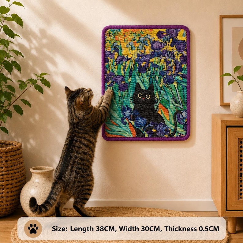 Puede incluir: Un rascador de pared rectangular para gatos con un estampado vibrante de un gato negro entre lirios morados y follaje verde, con borde morado. Las dimensiones son 38 cm de largo, 30 cm de ancho y 0,5 cm de grosor.