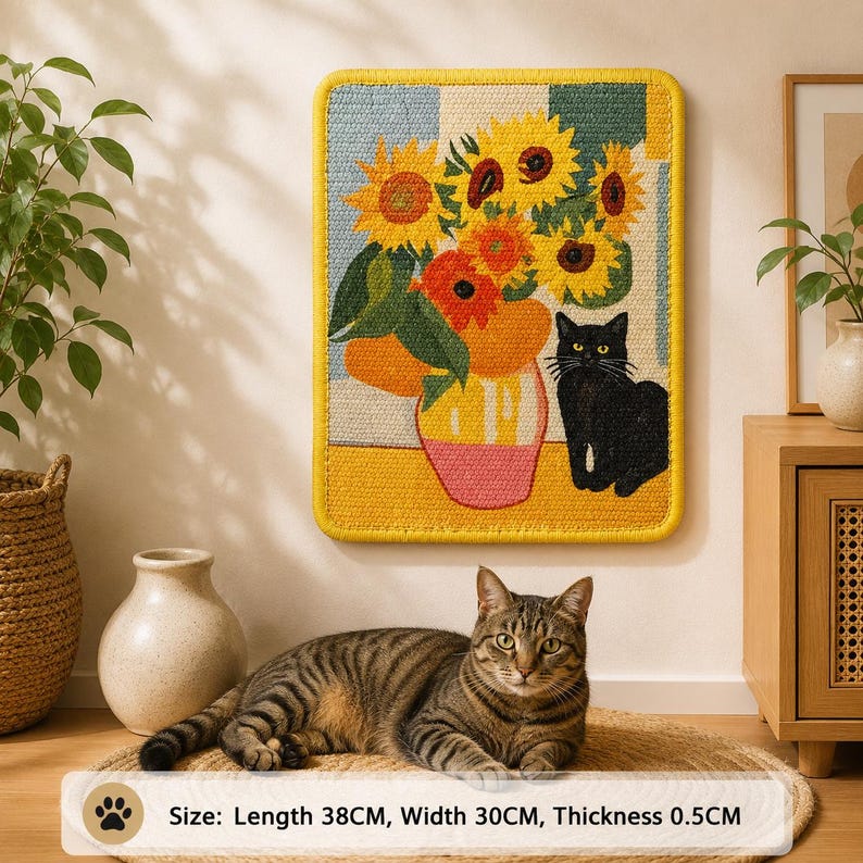 Puede incluir: Un tapiz rectangular de tufting que muestra un ramo de girasoles amarillos y naranjas en un jarr&oacute;n rosa junto a un gato negro. La pieza tiene un borde amarillo y mide 38 cm de largo, 30 cm de ancho y 0,5 cm de grosor.