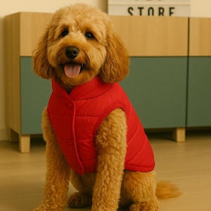 Peut inclure: Un chien au pelage bouclé brun doré porte un gilet matelassé rouge vif avec un col montant et des boutons-pression. Le chien est assis avec la langue sortie. En arrière-plan, un panneau affiche le texte HAPPY PET STORE.