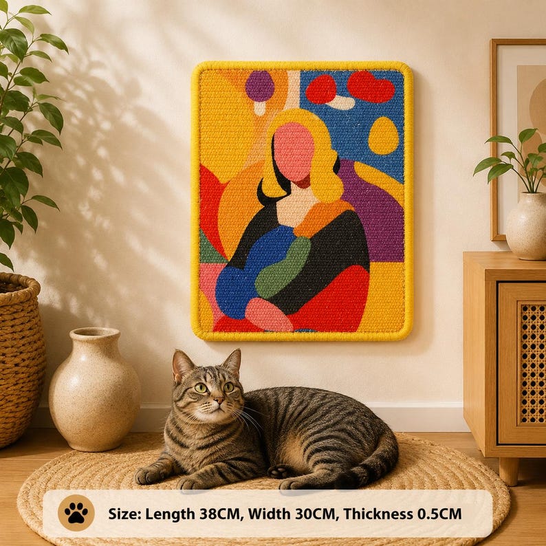 Puede incluir: Un tapiz rectangular de tufting que presenta un retrato estilizado con una paleta de colores amarillo, rojo, azul y negro. La pieza mide 38 cm de largo, 30 cm de ancho y 0,5 cm de grosor, seg&uacute;n indica el texto impreso.