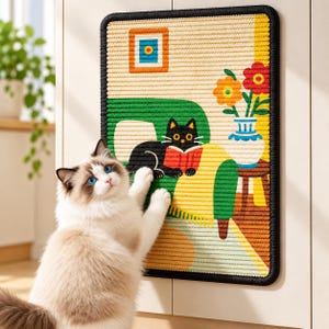 Puede incluir: Un rascador rectangular para gatos montado en la pared con una colorida ilustración tejida de un gato negro leyendo un libro rojo en un sofá verde, con un florero y un cuadro en la pared, todo bordeado por un grueso marco negro.