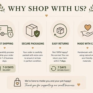 Puede incluir: Una infograf&iacute;a titulada WHY SHOP WITH US? que presenta cuatro iconos: un cami&oacute;n para env&iacute;o r&aacute;pido, una caja con escudo para embalaje seguro, una flecha circular para devoluciones y un coraz&oacute;n en una mano para fabricaci&oacute;n con cuidado.