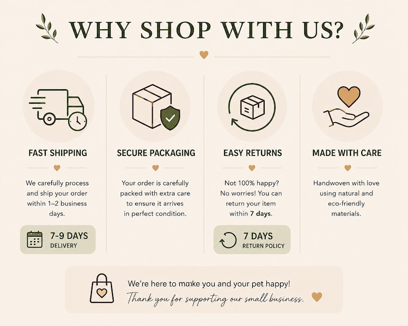 Puede incluir: Una infograf&iacute;a titulada WHY SHOP WITH US? que presenta cuatro iconos: un cami&oacute;n para env&iacute;o r&aacute;pido, una caja con escudo para embalaje seguro, una flecha circular para devoluciones y un coraz&oacute;n en una mano para fabricaci&oacute;n con cuidado.