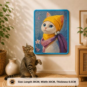 Puede incluir: Un tapiz rectangular de tufting que muestra un gato blanco con un gorro amarillo, una bufanda amarilla y un chal morado con detalles de perlas. La pieza mide 38 cm de largo, 30 cm de ancho y 0,5 cm de grosor.