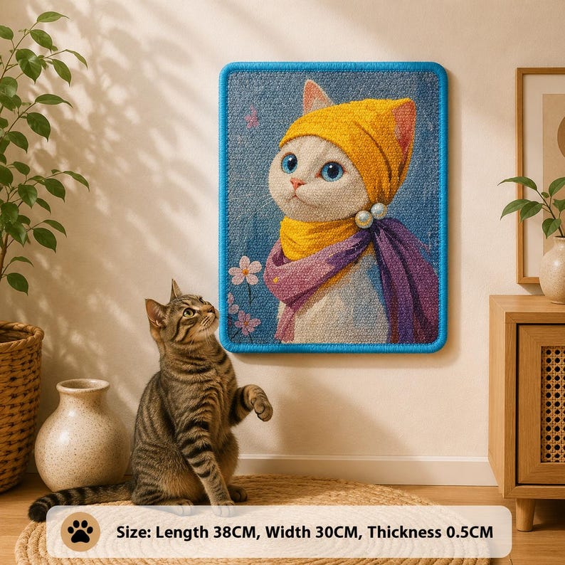 Puede incluir: Un tapiz rectangular de tufting que muestra un gato blanco con un gorro amarillo, una bufanda amarilla y un chal morado con detalles de perlas. La pieza mide 38 cm de largo, 30 cm de ancho y 0,5 cm de grosor.
