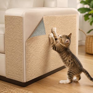 May include: A beige textured cat scratching pad attached to the side of a light-coloured sofa. The rectangular pad features a woven surface and is partially peeled back to reveal a grey adhesive backing while a tabby kitten scratches the material.