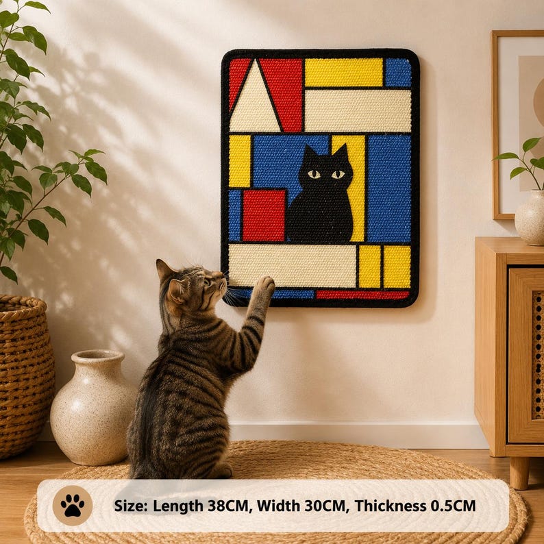 Puede incluir: Un rascador para gatos rectangular de pared con un patr&oacute;n de cuadr&iacute;cula geom&eacute;trica en rojo, amarillo, azul y blanco, con la silueta de un gato negro en el centro. Mide 38 cm de largo, 30 cm de ancho y 0,5 cm de grosor.