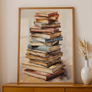 Arte mural para amantes de los libros, pintura de una pila de libros, regalo para lectores, impresión de pared sobre libros, póster encantador sobre libros, decoración para rincones de lectura, descarga digital