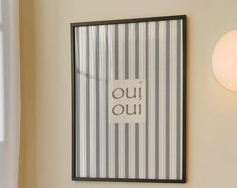 Oui Oui Print: Gray Stripes, Farmhouse Bathroom Art (Digital Download)