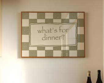 What’s For Dinner Print,  Trendy Kitchen Decor, Hand-Drawn Green Checkered Wall Art (Digital Download)