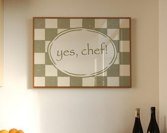 Yes Chef Kitchen Print, Hand-Drawn Green Checkered Wall Art (Digital Download)