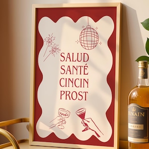 Proost kunst aan de muur, retro barwagen print, Cheers print, Cheers poster, wijnglasprint, champagne poster, digitale download, barwagen poster