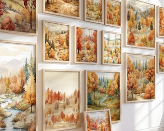 Vintage Autumn Watercolor Art Prints, Fall Gallery Wall Set (Digital Download)