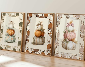 Fall Pumpkin Gallery Wall Art Set of 3, Vintage Autumn Decor (Digital Download)
