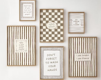 Neutral Bathroom Gallery Prints, Minimalist Funny Toilet Humor, Typography Wall Art, Set of 6 (Digital Download)
