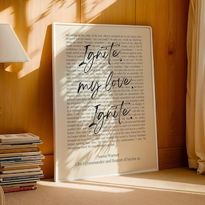 May include: A framed print with the words "Ignite my love Ignite" in a cursive font overlaid on a page of printed text. The print is in a white frame and is leaning against a wall. The text at the bottom reads "Aaron Warner Chief Commander and Regent of Sector 45."