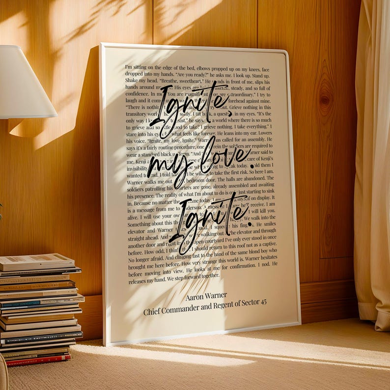 May include: A framed print with the words "Ignite my love Ignite" in a cursive font overlaid on a page of printed text. The print is in a white frame and is leaning against a wall. The text at the bottom reads "Aaron Warner Chief Commander and Regent of Sector 45."