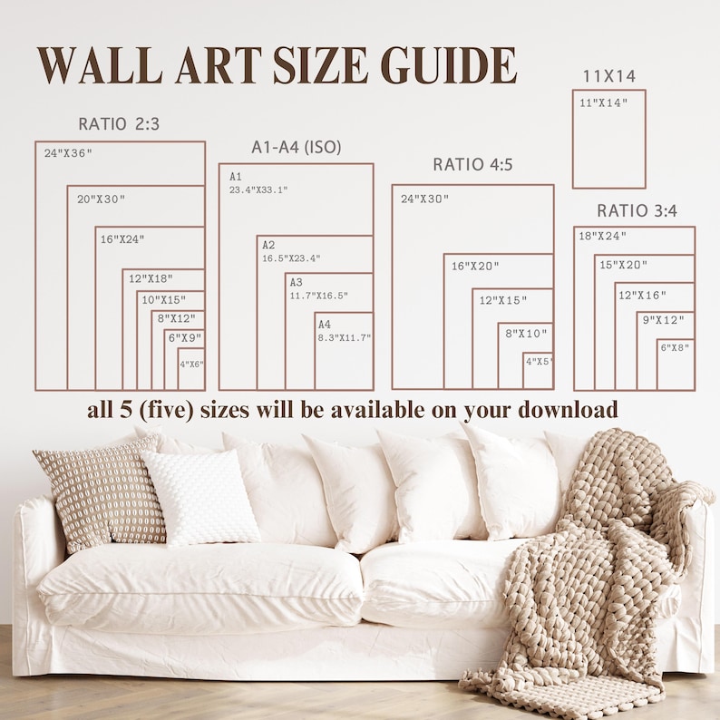 May include: Wall art size guide with dimensions in inches, including ratios 2:3, 4:5, and 3:4, plus A1-A4 (ISO) sizes. The text states that all five sizes are available for download. A white sofa with pillows and a blanket is in the foreground.