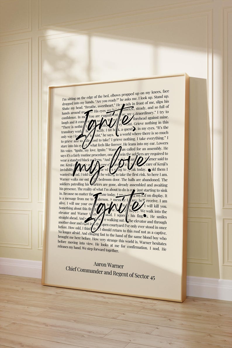 May include: A framed print with text from a novel, featuring the words "Ignite my love Ignite" in a stylized font. The text is set against a backdrop of printed pages, with a beige frame.