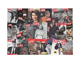 Könnte beinhalten: Eine Collage aus Vintage-LIFE-Magazin-Covern mit verschiedenen Personen, Ereignissen und Schlagzeilen. Die Cover sind in einem zufälligen Muster angeordnet und zeigen Bilder von John F. Kennedy, Jackie Kennedy, Marilyn Monroe, den Beatles und einem Tiger.