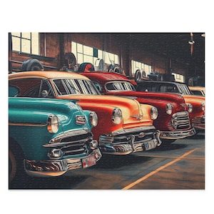 Cruising Through Time - Vintage Car Show Jigsaw Puzzle | Retro Garage Scene (120, 252, 500-Piece)