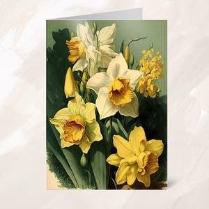 Carte de correspondance jonquilles blanches et jaunes d'inspiration vintage imprimable, charmant design floral pour les voeux et les remerciements