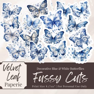 Blue and White Butterfly Fussy Cuts Printable Ephemera,  Junk Journal Papers, Collage Sheet 8.5x11&quot; for Scrapbooking & Paper Craft