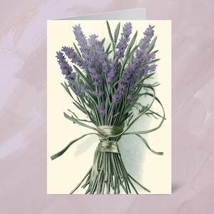 Set di biglietti di auguri con mazzo di lavanda legati a mano / Biglietti vuoti squisiti a tema erbe per tutte le occasioni