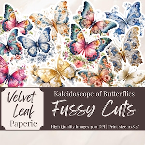 Decorative Butterfly Fussy Cuts Printable Ephemera – Colorful Kaleidoscope Junk Journal Papers, Collage Sheet 11x8.5
