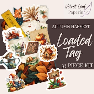 Autumn Harvest Loaded Pocket Tag Kit Printable Digital Ephemera for Junk Journals Fall Leaves Orange Teal Rust Colors