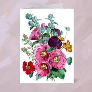 Tarjeta imprimible con malvarrosas rosas y moradas: tarjeta de felicitación con ilustración floral, interior en blanco para cualquier ocasión.