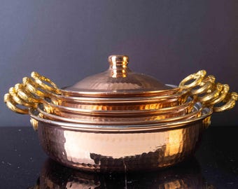 Handmade Turkish Copper Pan Set – Tin-Lined Cookware with Brass Handles
