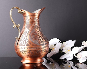 Handmade Copper Pitcher, Engraved Turkish Jug, 2 Litres
