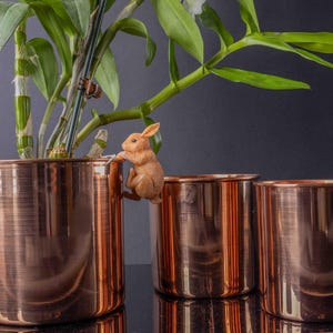 May include: Three copper-coloured metal planters with a small brown rabbit figurine climbing the side of the largest planter. A green leafy plant is growing in the largest planter.