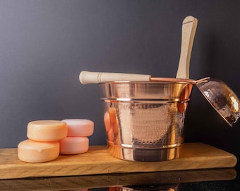 Handmade Copper Sauna Bucket and Ladle Set, Hammered Spa Accessories