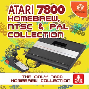 May include: A black Atari 7800 console with a connected joystick, set against a yellow background with text that reads "ATARI 7800 HOMEBREW, NTSC & PAL COLLECTION." The Atari logo is visible.
