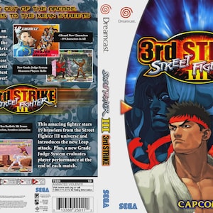 May include: Dreamcast game case for Street Fighter III: 3rd Strike. The cover features a dynamic illustration of two male characters with a red and blonde headband, set against a blue and black background. The game's title is prominently displayed.