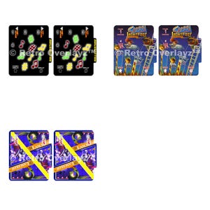 May include: A collection of retro-style game cards featuring various designs. Some cards have musical notes and symbols, while others display game characters and text. The cards are in a variety of colors, including black, blue, and yellow.