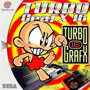 May include: A Dreamcast game case for Turbo Grafx X 16. The cover features a cartoon character with a fierce expression, set against a red and yellow spiral background. The game title is prominently displayed in silver and black, with the Sega and Dreamcast logos visible.